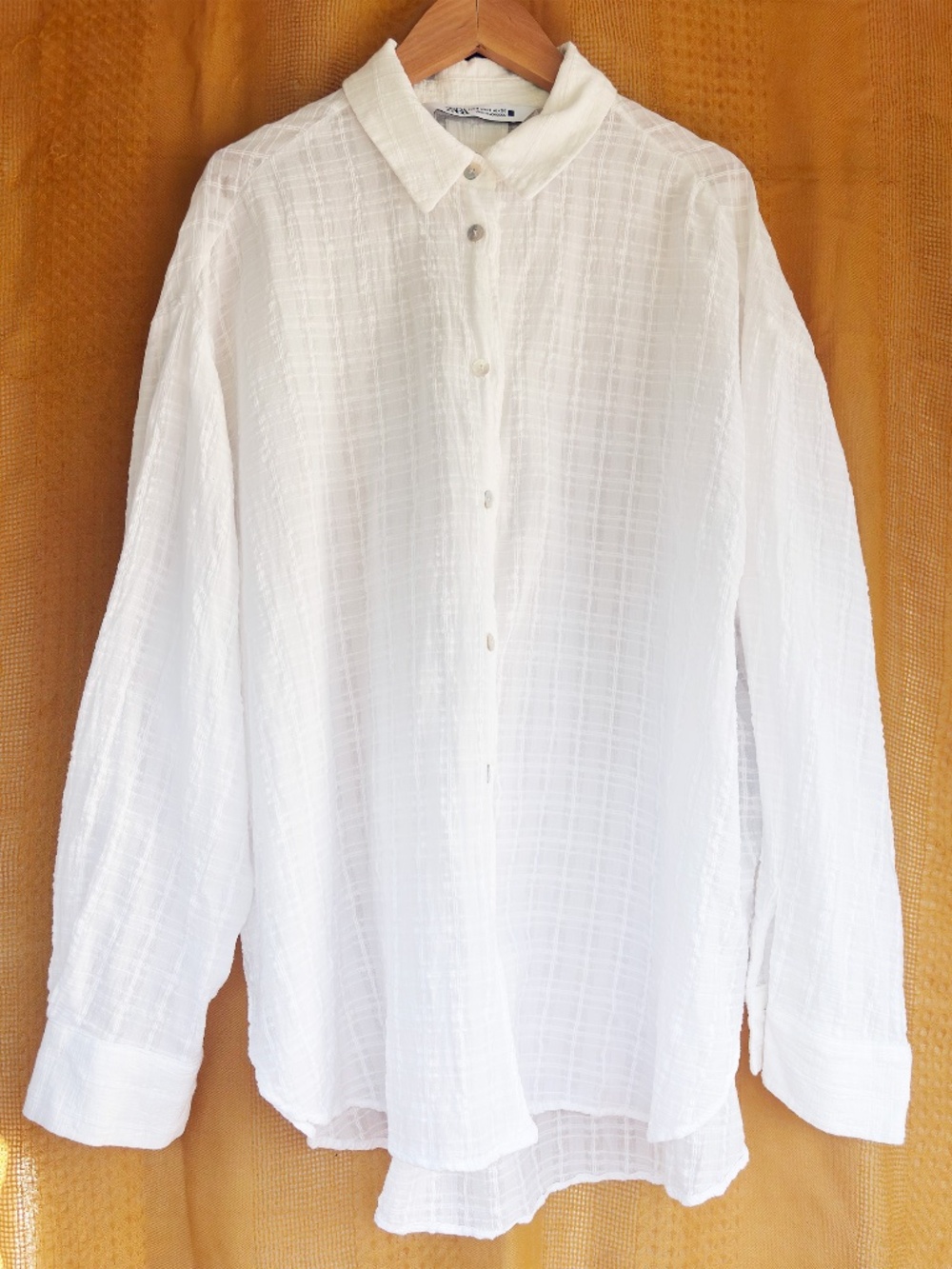 Zara Women M White Sheer Textured Plaid Button Down Blouse Shirt Made Morocco